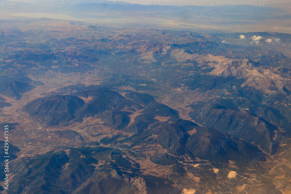 View of the Taurus mountains in Antalya province, Turkey. View from airplane