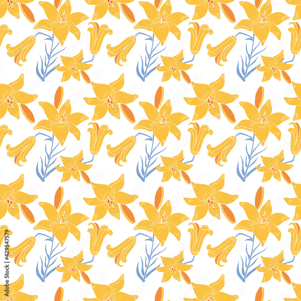 Seamless pattern with blooming lilies. Print for textiles, background for your design. EPS 10. Seamless pattern with blooming lilies. Print for textiles, background for your design. EPS 10.