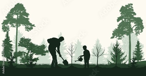 Reforestation, planting trees in forest. Man and child plant bare tree and fir trees, silhouette. Vector illustration