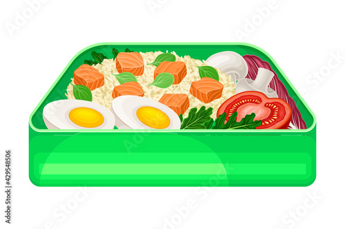 Japanese Bento Box as Take-out Meal with Rice Vector Illustration