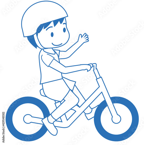 幼児用キックバイク　ヘルメット人物男児男の子バランスバイクの線画イラスト自転車運動のイメージ