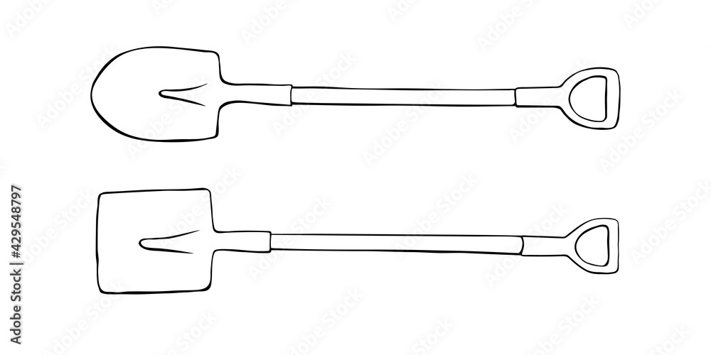 Vector black outline of garden shovel, spade, scoop. Tools for working on the farm, in the dacha, country site in the doodle style. Hand-drawn isolated illustration