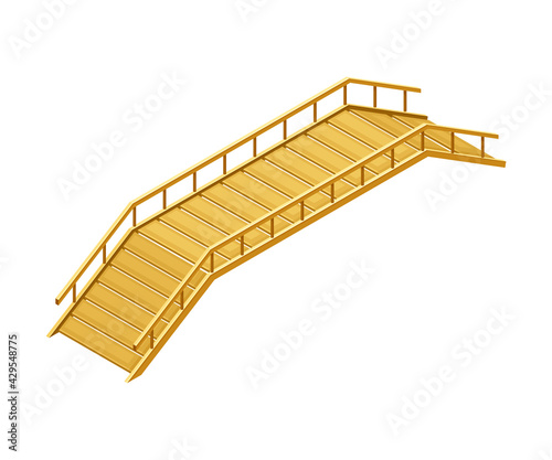 Curved Wooden Bridge with Balustrade Railing Vector Illustration