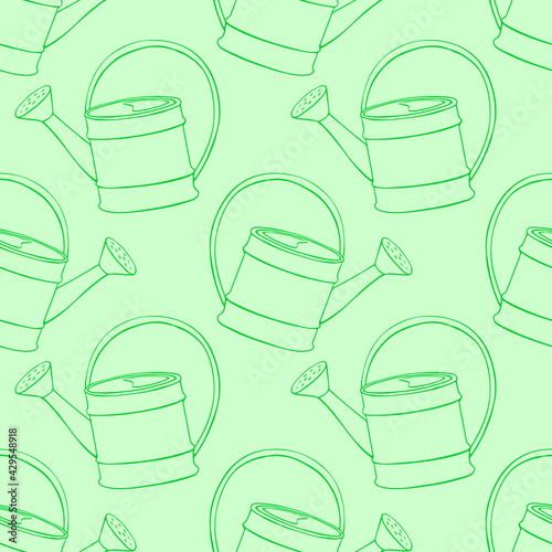 Seamless pattern with watering cans. Hand drawn outline vector background and texture in doodle style, isolated. Gardening tools for working in the garden, on the farm, in the dacha, country site
