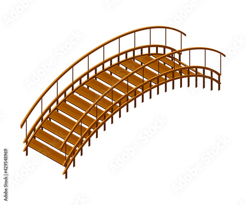Canvas Print Curved Arch Wooden Bridge with Balustrade Railing Vector Illustration
