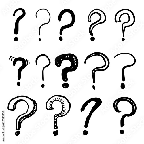 Set of hand drawn question marks. doodle questions marks. isolated on black and white. vector illustration