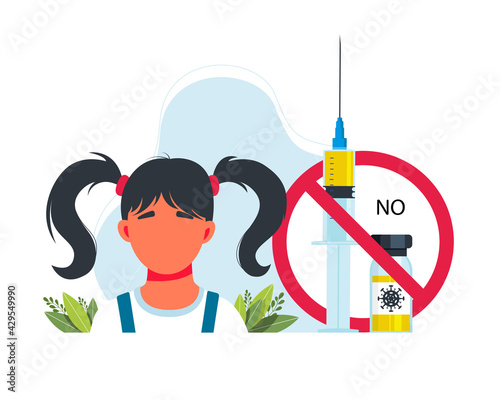 no vaccine for children. children are afraid of the vaccine. Vaccines and immunization concept. Cartoon vector banner of a syringe and frightened small girl.