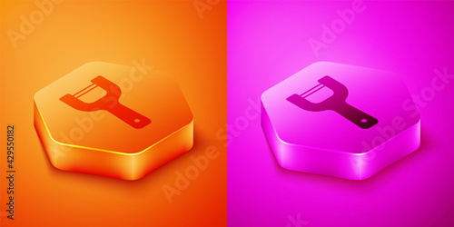 Isometric Vegetable peeler icon isolated on orange and pink background. Knife for cleaning of vegetables. Kitchen item, appliance. Hexagon button. Vector