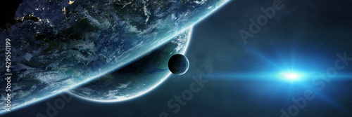 Fototapeta Naklejka Na Ścianę i Meble -  Panoramic space planets background. Panorama of distant solar system with exoplanets 3D rendering elements of this image furnished by NASA