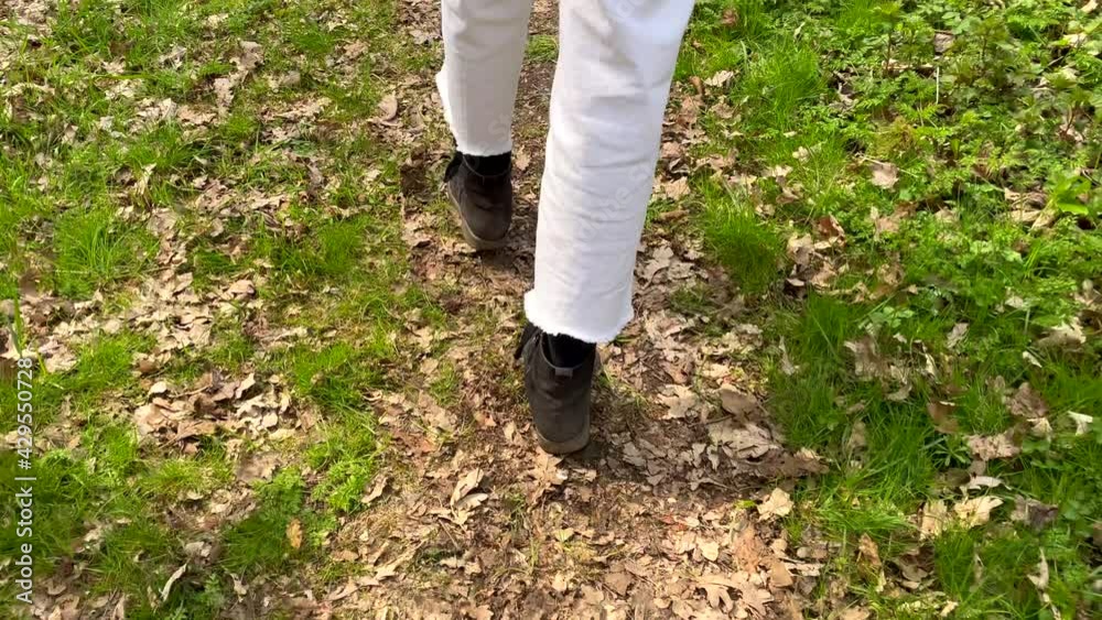 Low angle track shot of female person walking on forest path with falling leaves and green grass field during sunny day in nature. Slow motion shot. Low angle track shot of female person walking on forest path with falling leaves and green grass field during sunny day in nature. Slow motion shot.