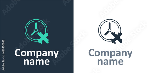 Logotype Clock with airplane icon isolated on white background. Designation of time before departure, check-in for flight and arrival time symbol. Logo design template element. Vector