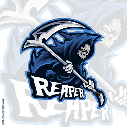 Skull Reaper Vector Illustration in Blue Robe using Sickle for Esports Team or Group