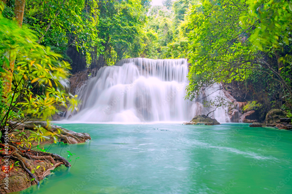 Huay Mae Khamin Waterfall, 3th floor, waterfall in the national park Beautiful landscape waterfalls in a tropical rainforest in Kanchanaburi. Thailand.