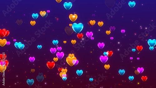 Abstract Festive Colorful Holiday With Flying Glossy Hearts Confetti and Shiny Glitter Dust In The Air On Red And Blue Gradient Background
