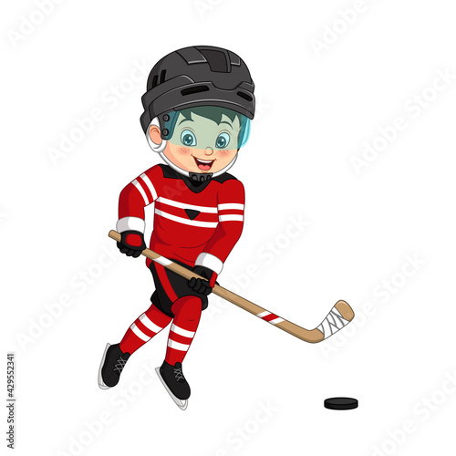 Cartoon little boy playing hockey