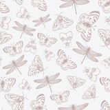 Butterflies and dragonflies seamless pattern. Vintage background. 