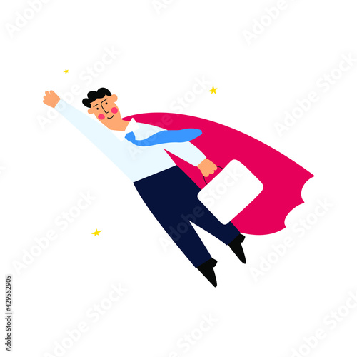Flying businessman with briefcase. Superhero red cape. Vector illustration on white background.