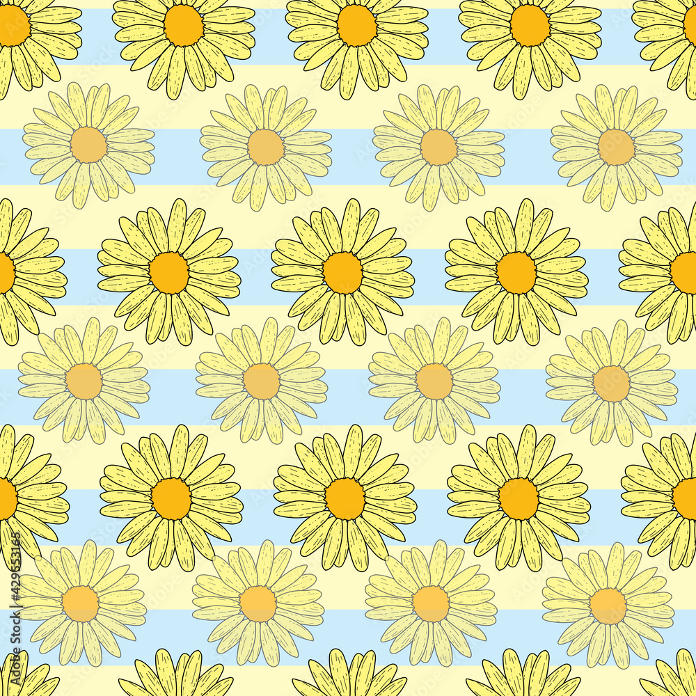 Vector yellow background daisy flowers and wild flowers. Seamless pattern background