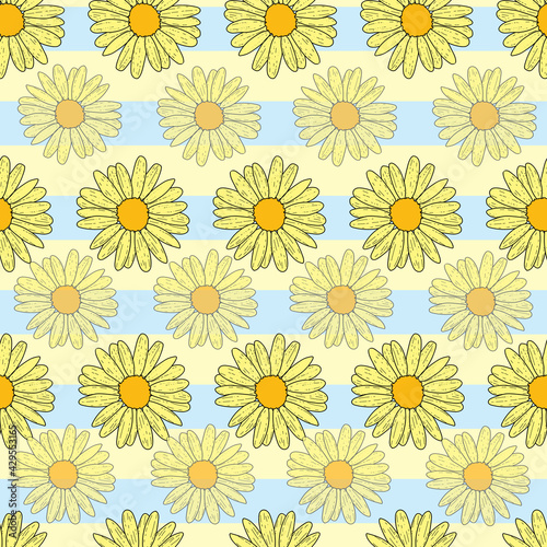 Vector yellow background daisy flowers and wild flowers. Seamless pattern background