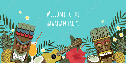 Hawaiian party invitation. Vector image of Hawaiian tiki statues, palm leaves, flowers, pineapple, coconut.