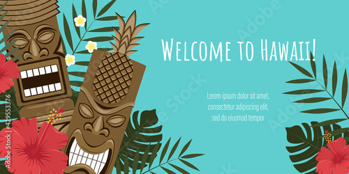 Vector image of a Hawaiian banner. Image of Hawaiian tiki statues, palm leaves, flowers. Template for banner, flyer, invitation.