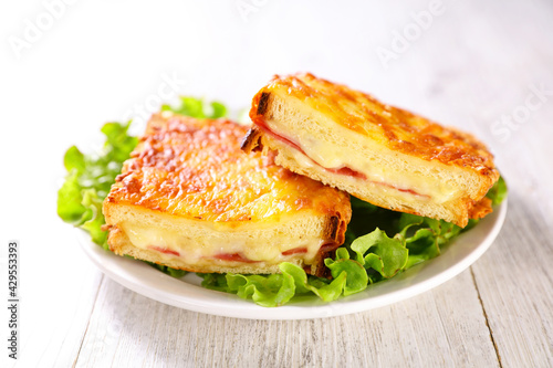 croque monsieur- toasted bread with cheese and ham photo