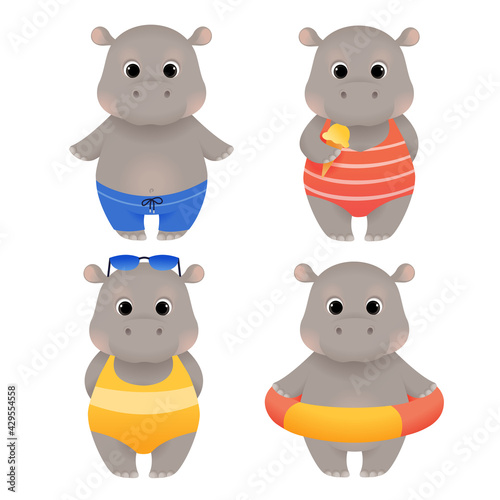 Cute animal summer stickers set, hippo in swimwear with ice cream, beach and pool character