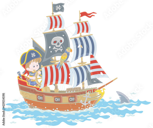 Little boy pirate steering a toy sea sailing ship with guns and a black flag of Jolly Roger with bones on a main mast, vector illustration in a cartoon style