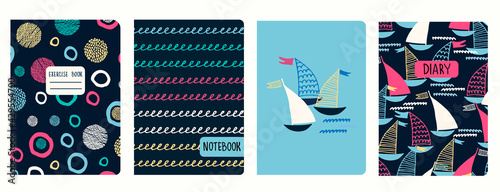 Cover page vector templates with sailing boats, waves, anchors, lifesavers. Headers isolated and replaceable