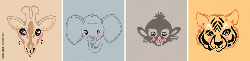 Fototapeta premium Giraffe, elephant, monkey, tiger. Pastel color t-shirt print sketch baby kidsr animals portrait. Cartoon cute animal head illustration. Vector hand drawing doodle logo style.