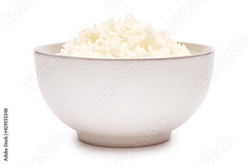 Boiled Rice in a ceramic bowl isolated on a white background with clipping path embedded