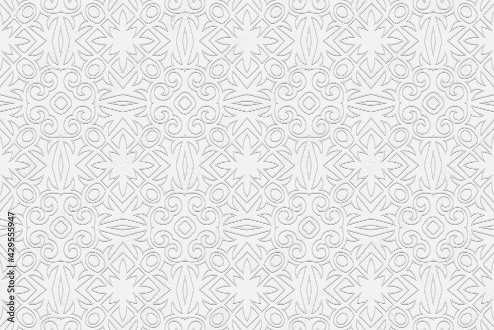 3d volumetric convex geometric white background. Ethnic embossed stylish Moroccan ornament based on traditional Islamic pattern Design for presentations, websites, textiles, coloring.