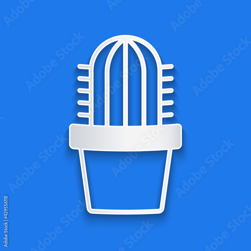 Paper cut Cactus peyote in pot icon isolated on blue background. Plant growing in a pot. Potted plant sign. Paper art style. Vector