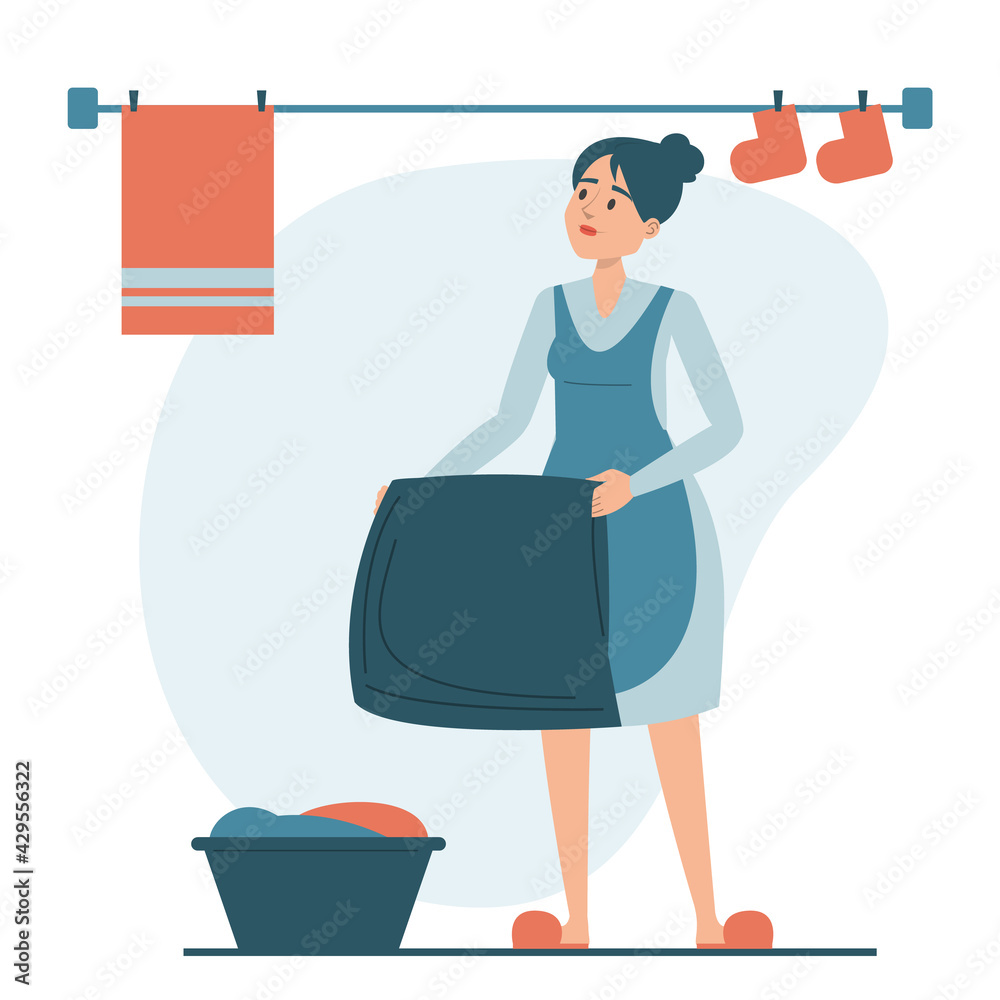 Woman hanging washed laundry vector isolated. Daily routine of a housewife. Domestic chores, clean clothes on the clothesline Woman hanging washed laundry vector isolated. Daily routine of a housewife. Domestic chores, clean clothes on the clothesline