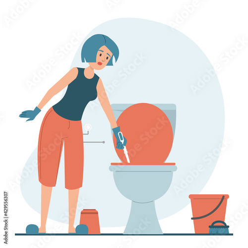 Woman cleaning dirty toilet vector isolated. Hygiene in the house, daily routine. Female character in gloves washing bathroom.