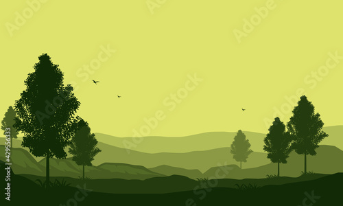 Beautiful views of the mountains from the edge of the city at sunrise with aesthetic silhouettes of cypress trees. Vector illustration