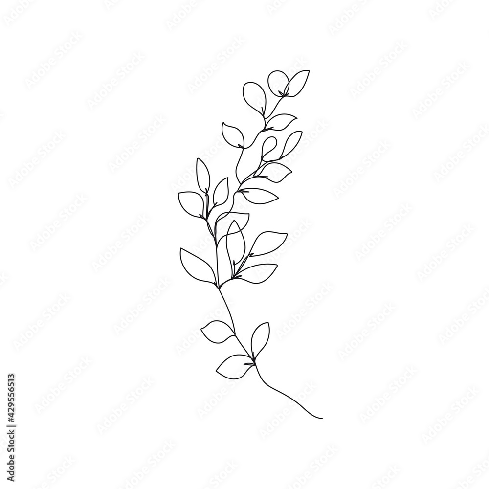 Leaves Branch Line Drawing. Continuous Line of Simple Flower Illustration. Abstract Contemporary Botanical Design Template for Minimalist Covers, t-Shirt Print, Postcard, Banner etc. Vector EPS 10.