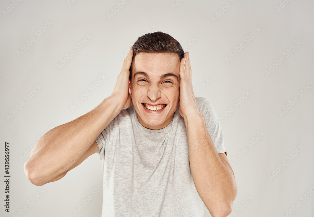 Cheerful man emotions gestures hands joy close-up Cheerful man emotions gestures hands joy close-up