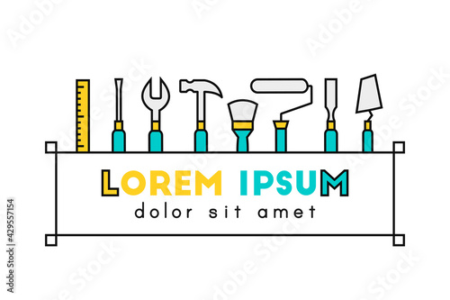 Tool box and logo concept. Work tools, text field and frame for building and repair related services.