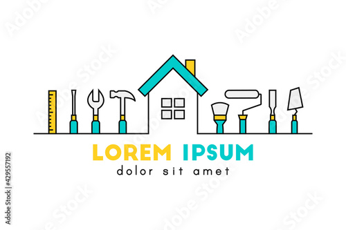 Home with tools as facility management, repair or maintenance concept. House and work tool icon set as logo and sign isolated on white background. 
