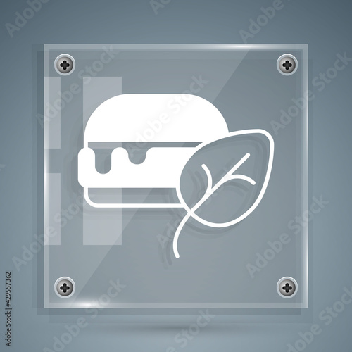 White Vegan food diet icon isolated White background. Organic, bio, eco symbol. Vegan, no meat, lactose free, healthy, fresh and nonviolent food. Square glass panels. Vector