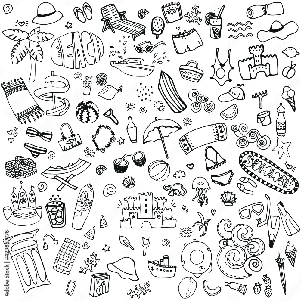 Big set of hand drawn cute cartoon summer symbol and objects for wrapping, package, poster, web design, fabric. illustration isolated over grey background Big set of hand drawn cute cartoon summer symbol and objects for wrapping, package, poster, web design, fabric. illustration isolated over grey background
