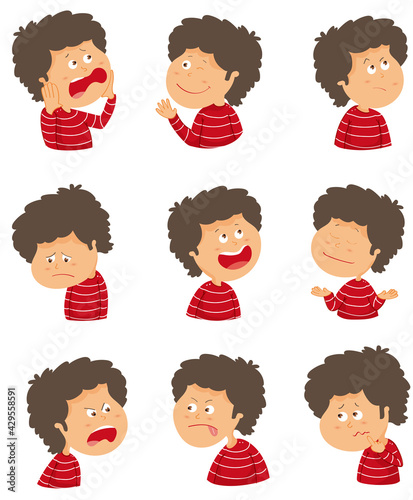 Illustration de petit garçon visages montrant différentes émotions. Dessin vectoriel