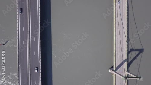 Pont de Roquemaure suspension bridge carriageway over River Rhone highway traffic aerial descending view photo