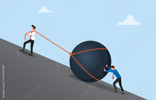Two businessmen pushing a big stone uphill vector illustration. Teamwork business concept to achieve goal and success.