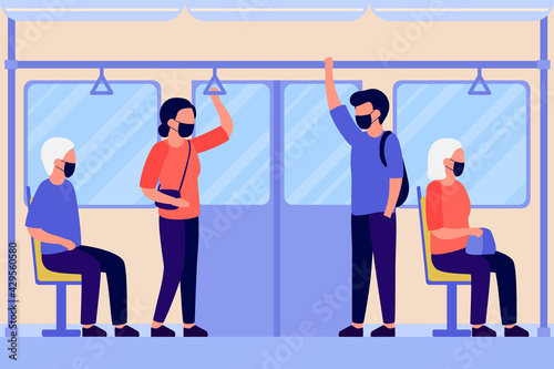 People in protective face mask stand and sit in transport subway, bus or train inside. Young and old men and women travel by public transport. Passengers hold onto handrails in vehicle. Vector