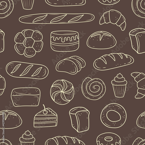 a pattern of baked goods drawn in the style of doodle. black and white bread, cake, monchik, croissant. vector illustration on a white background.