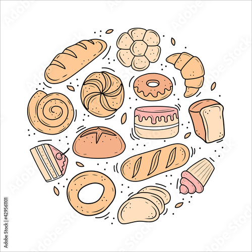 bakery products drawn in the style of doodle. black and white bread, cake, monchik, croissant. vector illustration on a white background.