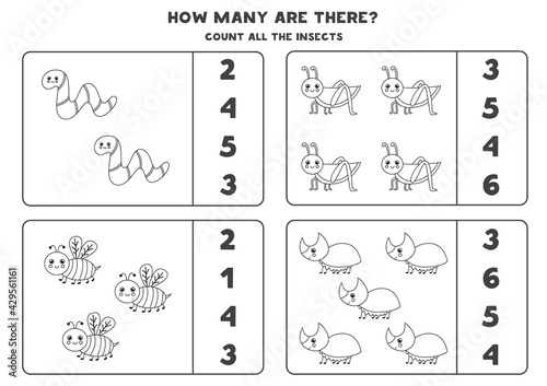 Counting game with cute black and white insects. Math worksheet.