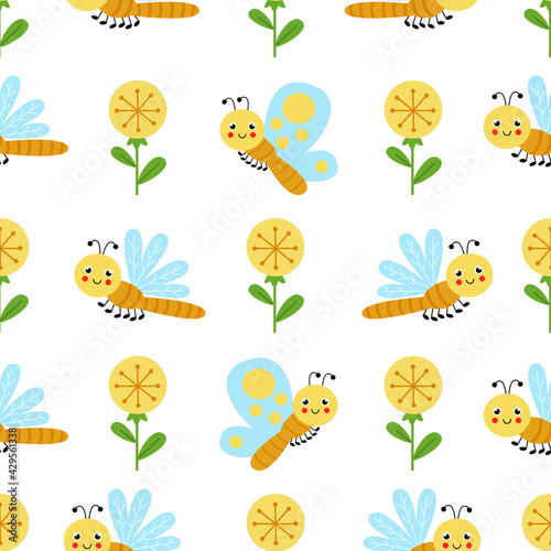 Seamless pattern with cute cartoon flowers and dragonflies.